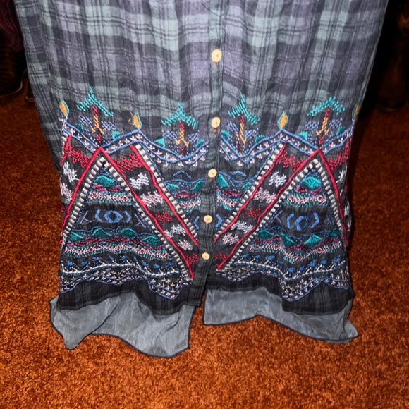 3J Workshop Johnny Was Embroidered Long Dress XS Blue Plaid - Picture 3 of 8